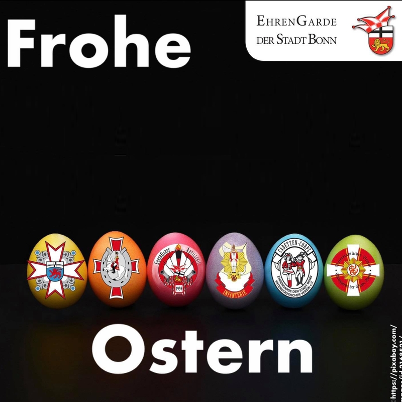 Frohe Ostern Eine Karte, welche Bunte Ostereier mit den Logos der Formationen zeigt und einen Gruß enthält.