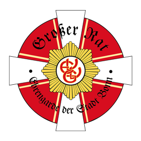 Das Logo des Großen Rates der EhrenGarde der Stadt Bonn Das Logo des grossen Rates zeigt den Gardestern der Ehrengarde in Gold Orange, im Hintergrund befindet sich ein weisses Kreuz auf einem Roten Kreuz