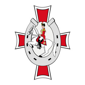 Logo der Kavallerie der EhrenGarde der Stadt Bonn Das Logo der Kavallerie zeigt einen Ehrengardisten auf einem Pferd vor einem Hufeisen im Hintergrund befindet sich ein Kreuz