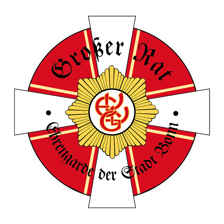 Abzeichen des Großen Rates Das Logo des grossen Rates zeigt den Gardestern der Ehrengarde in Gold Orange, im Hintergrund befindet sich ein weisses Kreuz auf einem Roten Kreuz