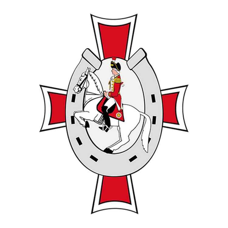 Abzeichen der Kavallerie der Ehrengarde Das Logo der Kavallerie zeigt einen Ehrengardisten auf einem Pferd vor einem Hufeisen im Hintergrund befindet sich ein Kreuz